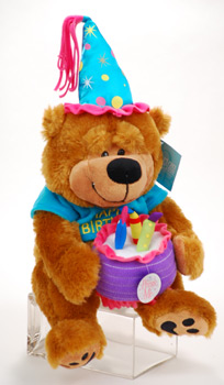Barney the Birthday Bear is 12" tall and comes with his own party hat and plays Happy Birthday. Barney