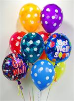Want to send a balloon bouquet to wish someone that they are feeling better soon? Send this balloon bouquet with 12 colorful  get well balloons complete with two of hope your feeling better mylar balloons. Available for delivery or pick up at our store. S
