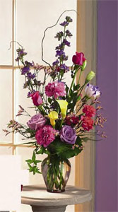 Lavender Larkspur, Pink & Lavender Roses & Mauve Carnations With Plum Ginger Jar