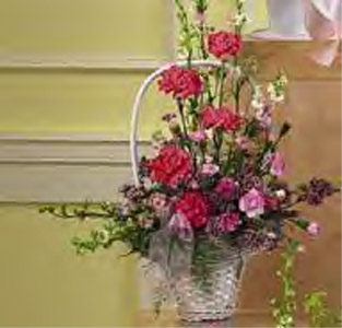 Pink Carnations & White Larkspur With Wicker Basket