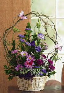 Lavender Asters, Lisianthus & Pompons With Willow Basket