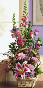 Carnations, Roses, Snapdragons, & Myrtle In Rectangular Basket