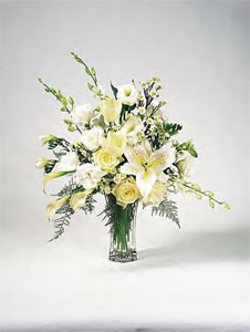 White Orchids, White Tulips, & Star of Bethlehem With Rose Vase