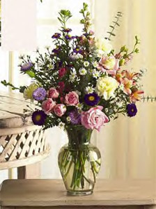 Yellow Carnations, Lavender Asters, Pink Larkspur, & Pink Rose With Classic Urn Vase