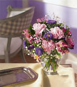 Pink Carnations, Pink Alstroemeria & Lavender Asters With Clear Ginger Jar
