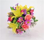 Pink Roses with yellow asiatic lilies, lime green button mums, green hydrangeas, pink asters, wax flowers and pink hypericum berries with lavender spray daisies
