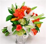Classic hand tied wedding bouquet orange Calla Lilies, white LA Lilies, green Hydranga, orange Roses, and tied with white satin ribbons