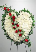 Our “Broken Heart” tribute is created from fresh white carnations, with red roses, million star baby breath and mixed greens. The heart measures 24” high and 26” long and is displayed on a 54” easel. When words are not enough to express your sorrow, this 