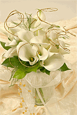 White Calla Lilies bouquet with salal tips gold