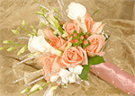 White Calla Lilies with pink roses and white dendrobium orchids and hypericum berries and hand wrapped with matching ribbons.