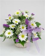 White wicker basket filled with white daisies, purple statice, mixed greenery, baby breath and a purple bow