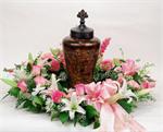 Arranged with pink roses, white oriental lilies, baby breath, and mixed greens with matching ribbons and choice of script. Other style and colors available