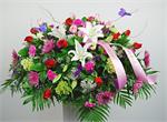 Designed for someone who enjoyed spending time in the garden is our “Petals of Tears”. Created with pure white Siberia Lilies, red roses with lavenders mums, green hydrangea with bright pink carnations, purple statice, and a touch of baby breath. Flutteri