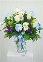 Say welcome to the world with this colorful vase arrangement of baby boy blue carnations, white roses with snow white daisies, blue static, yellow solid ago, baby breath, and mixed greens